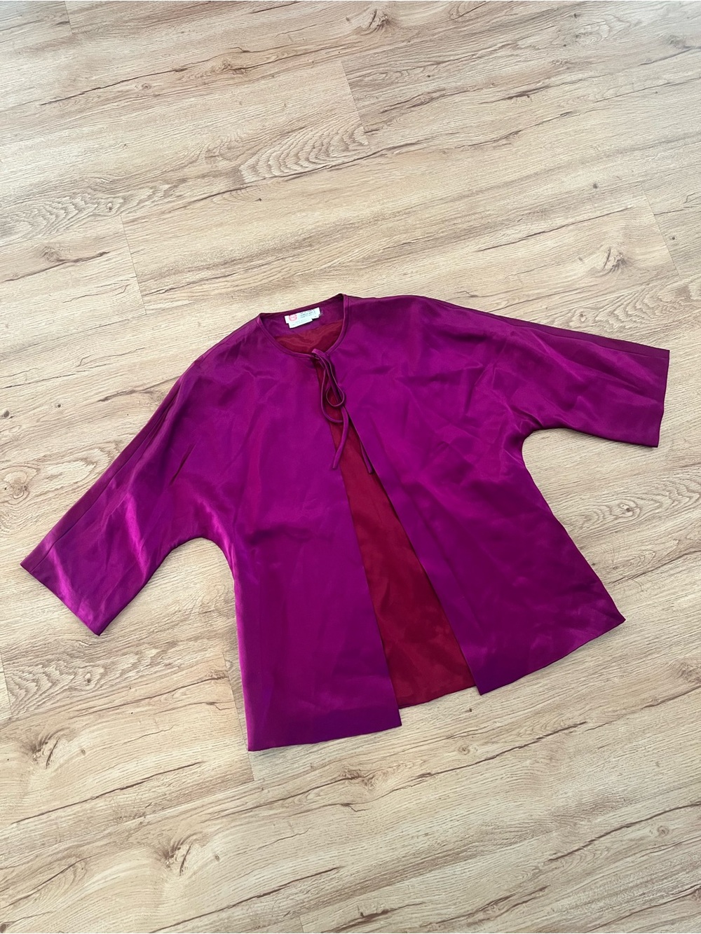 Pure Silk Magenta Open Front Tie-Neck Top